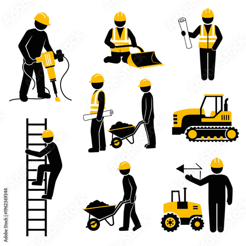 Construction workers with tools and machinery, diverse activities on site