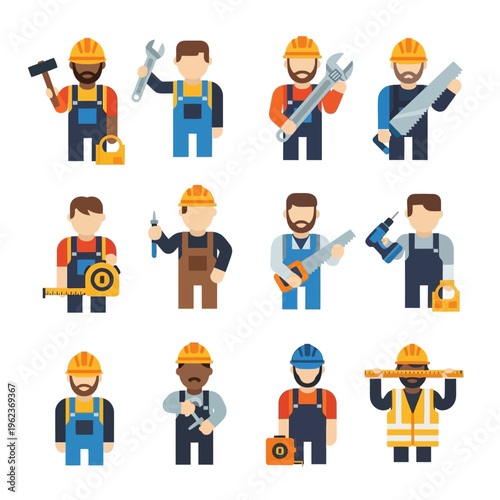 Construction Workers with Tools: Diverse Team of Builders in Uniforms and Helmets