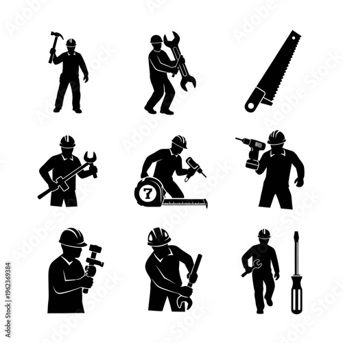 Construction Workers with Tools Icons: Hammer, Wrench, Saw, Drill, Screwdriver, Measuring Tape
