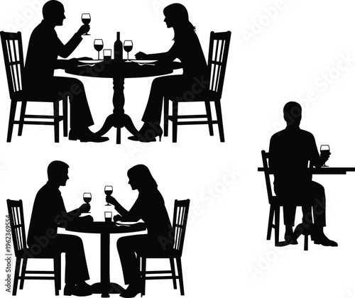 Restaurant dining silhouettes set, couples having romantic dinner with wine, single man at cafe table, isolated black vector people silhouettes, SEO.