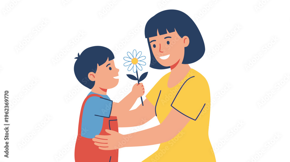 Obraz premium A young boy happily presents a beautiful daisy to his loving mother, capturing a tender moment of appreciation and affection