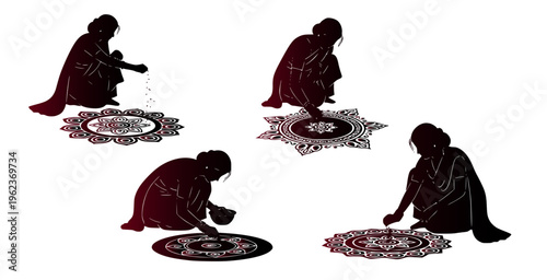 Traditional Indian women creating intricate rangoli patterns on the ground, a colorful art form