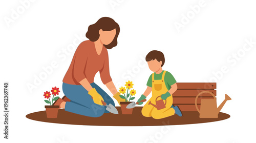 Happy Mother and Child Bonding While Gardening, Planting Colorful Flowers Together in a Sunny Outdoor Activity