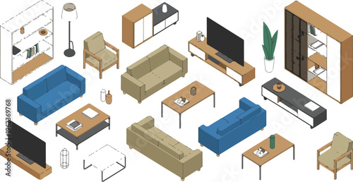 Living room isometric kit with modern furniture sofa armchair coffee table lamp houseplant laptop interior apartment vector set