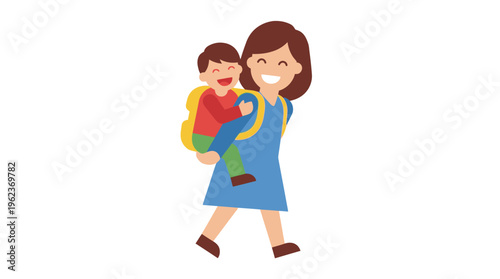 Happy mother carrying her smiling child on her back with a yellow backpack, illustrating family bonding and carefree moments