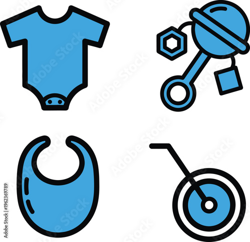 Four blue line art icons illustrate baby-related objects including a bodysuit, a detailed rattle, a feeding bib, and a simplified wheeled device.