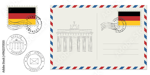 Blank Germany postcard with rubber stamp. Mockup realistic postcard  and postage stamp with Germany flag.