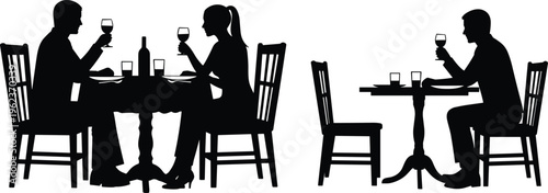 Silhouettes of a couple having a romantic dinner with wine and a man sitting alone at a restaurant table isolated