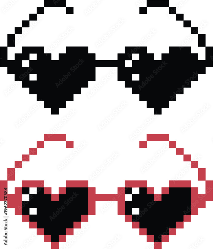 Fototapeta premium Pixel art heart sunglasses vector set with love glasses, retro gaming accessory icons