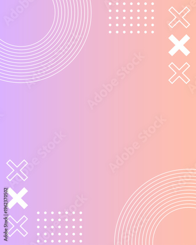 ピンクと紫の淡いグラデに白の幾何学シェイプを重ねた、スタイリッシュなメンフィスフレーム背景 縦型
