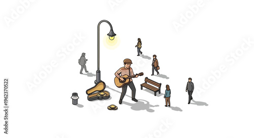 Street musician playing guitar on sidewalk.