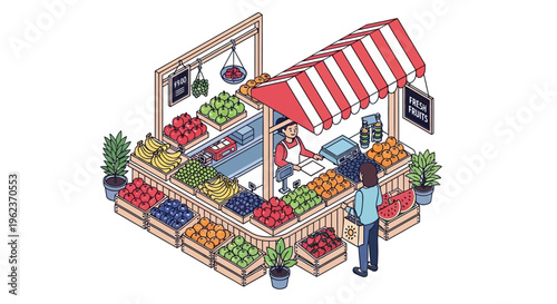 Isometric illustration of a fruit stand.