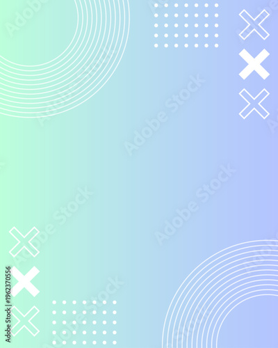 水色の淡いグラデに白の幾何学シェイプを重ねた、スタイリッシュなメンフィスフレーム背景 縦型