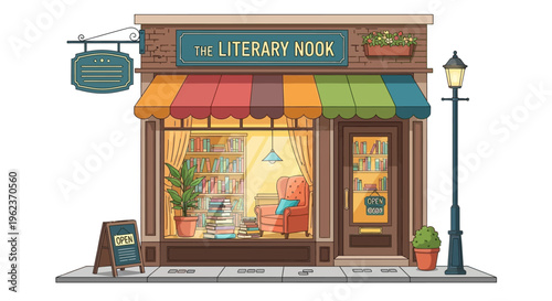 A colorful cartoon illustration of a bookstore.