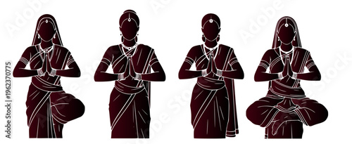 Illustrative depiction of women practicing traditional yoga and meditation postures, embodying ancient wisdom, grace, and a quest for inner peace and harmonious balance