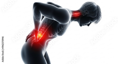 A woman experiencing back and neck pain with highlighted areas of discomfort