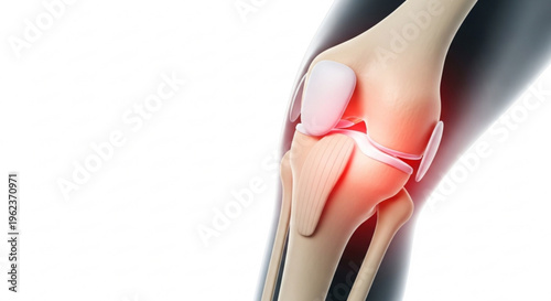 A medical illustration of a human knee joint with highlighted inflammation and pain.