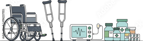 Medical rehabilitation equipment with wheelchair crutches heart monitor and various medicine pill containers.