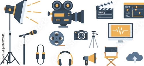 Professional film production equipment set with digital cinema camera spotlight microphone and director chair.