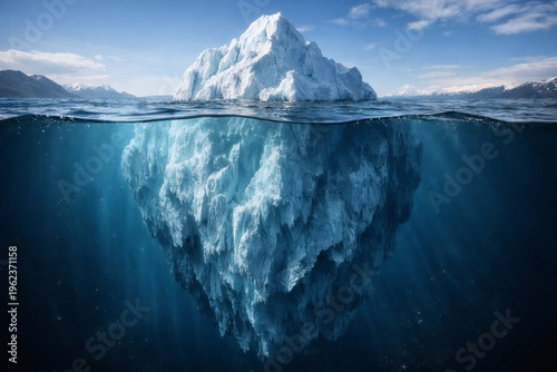 Iceberg floating in ocean with underwater view showing hidden depth concept