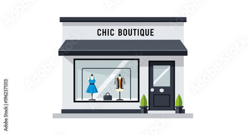 A chic boutique storefront with clothing.