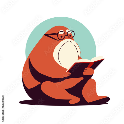 Walrus Reading Book with Glasses. Cartoon Illustration of Animal Studying. Funny Aquatic Mammal enjoys Story Time for Education and Learning about the World. Generative AI.