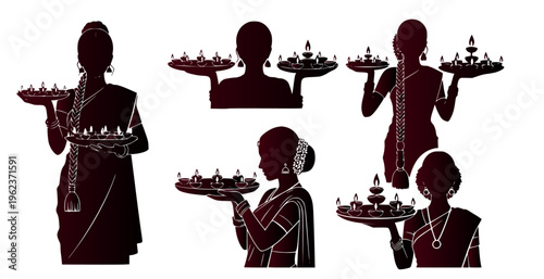 Elegant silhouettes of women holding traditional oil lamps, symbolizing cultural heritage and the festive spirit of South Asian celebrations and rituals