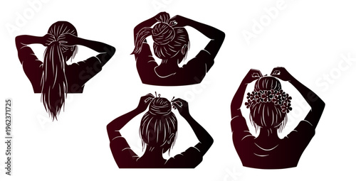 Diverse collection of elegant women's hairstyles, illustrating various hair styling concepts like ponytails, buns, and intricate updos, perfect for fashion and beauty themes