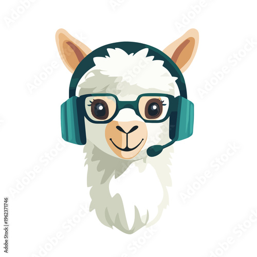 Llama Headphone Glasses Cartoon Avatar - Funny Alpaca Animal Character with Headset for Call Center Agent, Online Support or Gamer Mascot Logo, Isolated on White Background