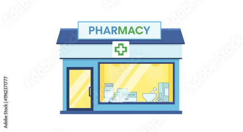 A colorful illustration of a pharmacy storefront.