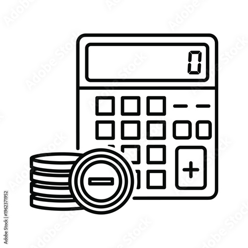 Calculator with stack of coins emphasizing subtraction function