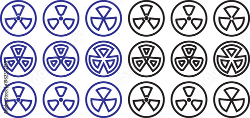 Radiation icon set. warning of dangerous radiation. nuclear power button icon. Radioactive Vector Icons Set, hazard and radiation symbol collection featuring nuclear warning signs