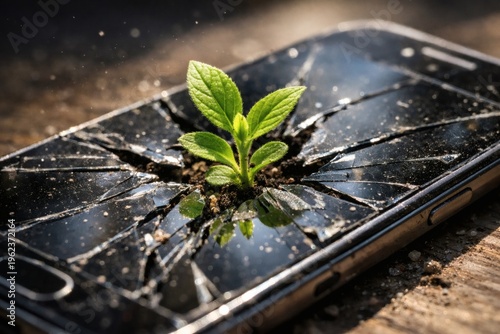 Green plant sprout growing through a cracked smartphone screen as a symbol of sustainability