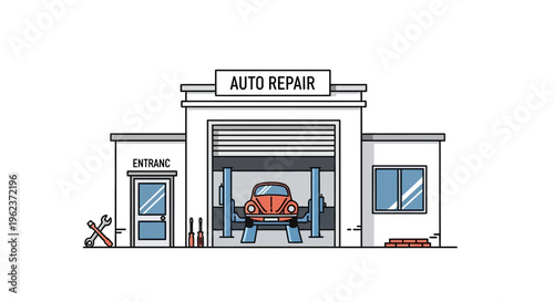 A cartoon illustration of an auto repair shop with a car on a lift.