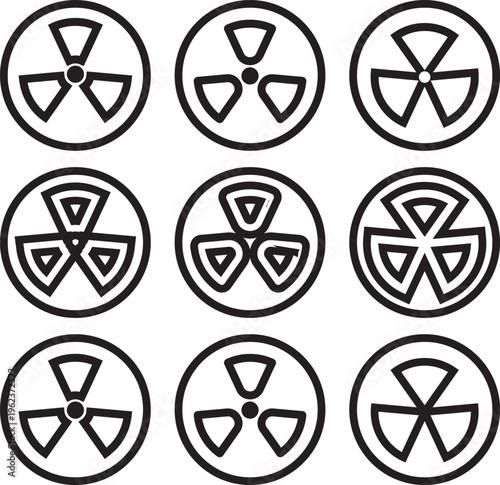 Radiation icon set. warning of dangerous radiation. nuclear power button icon. Radioactive Vector Icons Set, hazard and radiation symbol collection featuring nuclear warning signs