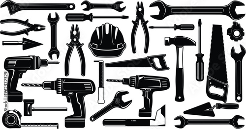 Construction and repair hand tool silhouettes set including drill hammer wrench pliers saw screwdriver helmet and workshop equipment vector collection