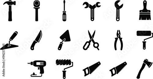 Construction and repair tool icons in black silhouette style including hammer wrench screwdriver pliers scissors saw drill roller and workshop equipment vector set