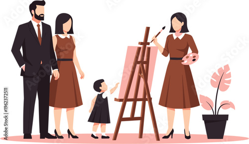 Family art activity with parents and child painting at easel creative home lifestyle scene education and hobby vector illustration