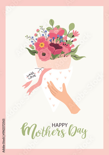 Cute Mother's Day card with a bouquet of flowers. Postcard for Mother's Day, motherhood and childcare.