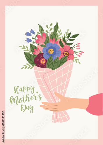 Cute Mother's Day card with a bouquet of flowers. Postcard for Mother's Day, motherhood and childcare.