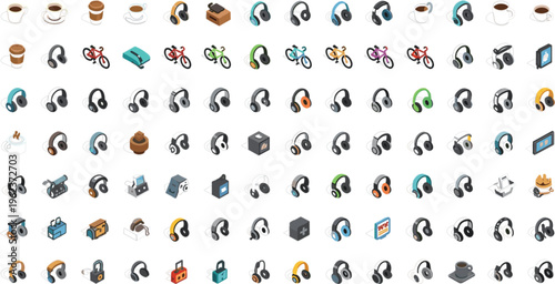 Isometric headphones and lifestyle objects icons set including audio devices coffee transport gadgets and everyday items colorful vector collection