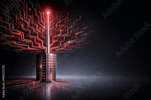Enterprise AI infrastructure with server core generating structured data pipelines, representing scalable automation and system growth, with clean dark copy space for text and UI design.