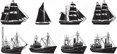 Maritime freight vessel collection featuring cad drawing flat vector illustration of sailing ships and fishing trawler black silhouette icons isolated on white background graphics.
