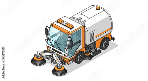 An orange and white street sweeper vehicle.