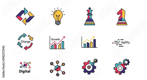 Dual color business transformation icons. Solid glyph vector set for innovation, strategy, growth, agility, and digital transformation..eps