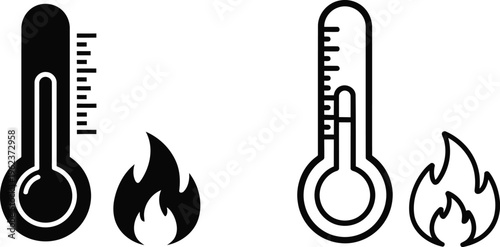 Thermometer icons paired with fire symbols indicating heat and temperature extremes Vector