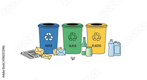 Recycling bins for paper, glass, and plastic.