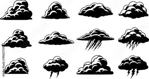 Black cloud silhouette vector set, flat weather icon collection, storm cloud shapes, CAD drawing style, isolated clipart illustration
