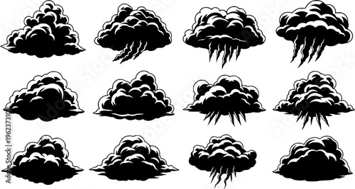 Black cloud silhouette vector set, flat weather icon collection, storm cloud shapes, CAD drawing style, isolated clipart illustration
