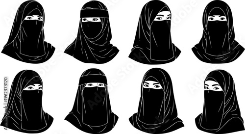 Muslim woman wearing black niqab and hijab portrait set vector illustration depicting traditional Islamic modest dress for middle eastern culture and religion. 